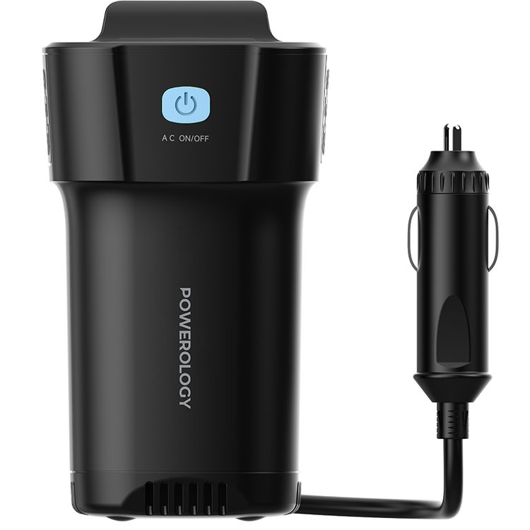Powerology 150W Cup Holder Power Inverter with 30W Power Delivery, 1× USB-A & 2× USB-C Ports, Seamless Integration, 150W AC Output, Quick Charge Technology, Universal Compatibility - Black