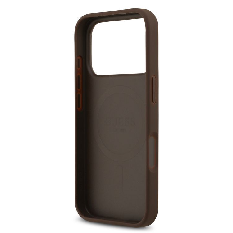 جراب جلد PU بتصميم كلاسيكي وشعار ستراس من Guess لهاتف iPhone 17 Pro مع خاصية MagSafe، تصميم خفيف الوزن، حماية من السقوط، سهل التركيب، بملف نحيف، تغليف مستدام، قبضة مريحة - بني