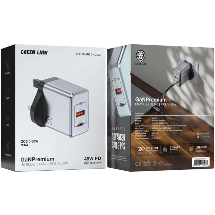 Green Lion GaNPremium UK Plug Wall Charger with 45W Power Delivery, 0%-50% Charge in 30 Minutes, PC Flame Retardant Material, USB-C & USB-A Ports - Gray
