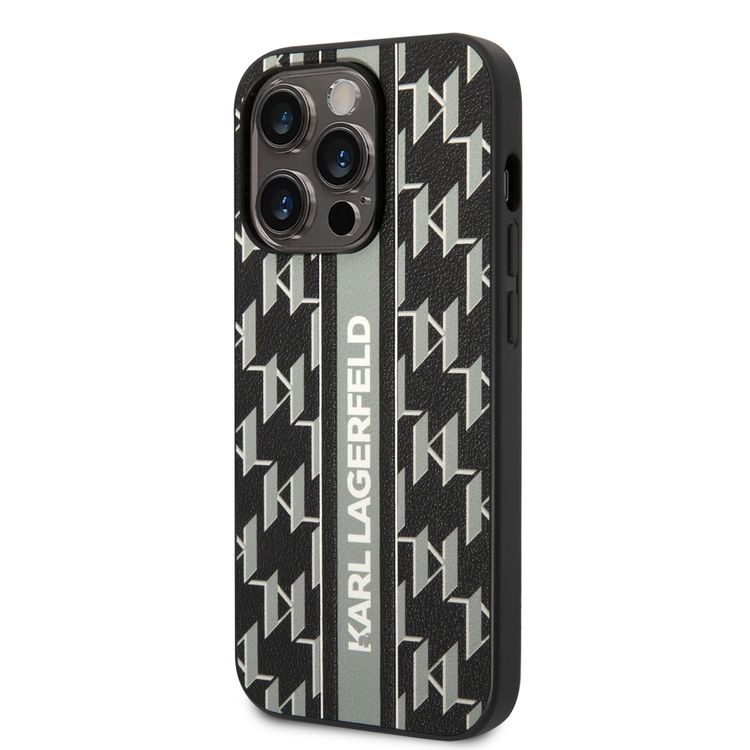 Karl Lagerfeld Grained PU Leather Case with Monogram Pattern & Vertical Logo Compatble iPhone 14 Pro Compatibility - Gray