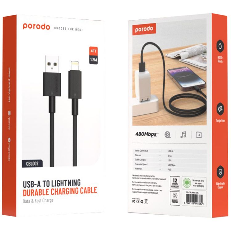 Porodo USB A to Lightning PVC Cable, 480Mbps, 2.4A Current, more than 15000 Bends Life Span, 1.2m Cable length, Tangle Free - Black