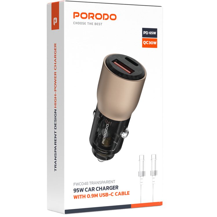Porodo 95W Car Charger Transparent  with 90cm USB-C Cable, Simultaneous Fast Charging, Universal Compatibility - Desert Titanium