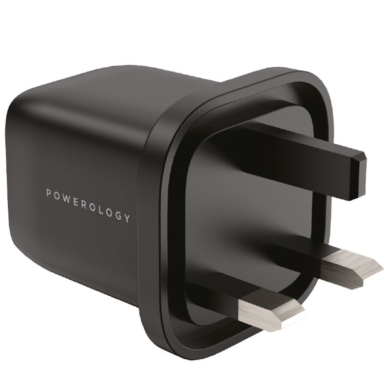 Powerology Ultra-Quick 32W GaN Charger with Type-C to Lightning Cable, 1.2m Cable Length, 20W USB-C Output, Built-in Safeguards, 0%-60% Charge in 35 Minutes - Black