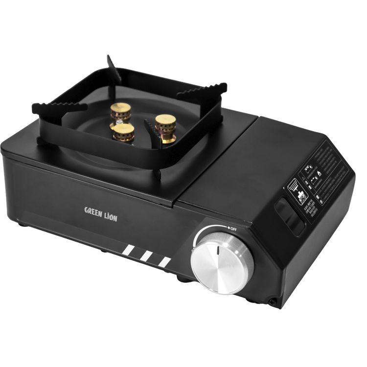 Green Lion Flamo 3 Burner Camping Stove with 2100W High Heat Output,  Iron, Copper, Aluminum Material, Adjustable Flame Control, Anti-Skid Feet, Durable Copper Burners, Magnetic Suction Valve - Black