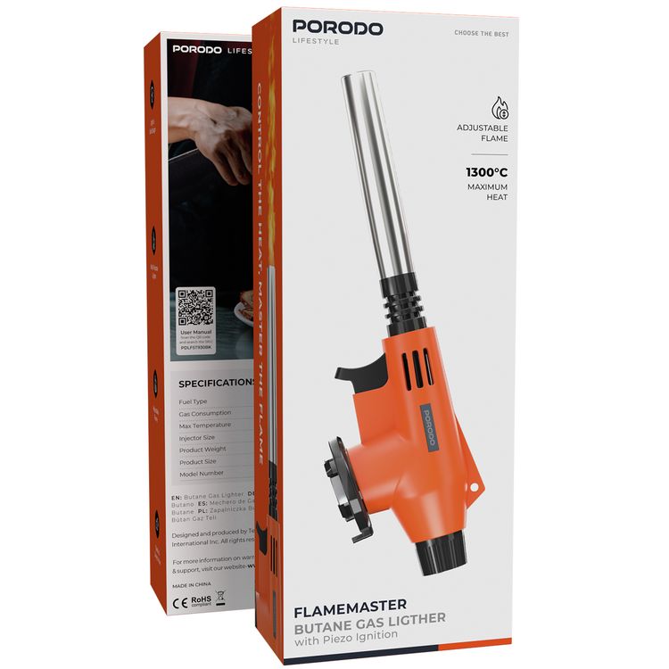 Porodo Flame Master Butane Gas Lighter with Piezo Ignition, 1300°C Maximum Temperature, 14mm Injector Size, Multi-Purpose Lighter, Adjustable Flame, Quick & Easy-to-Use - Black