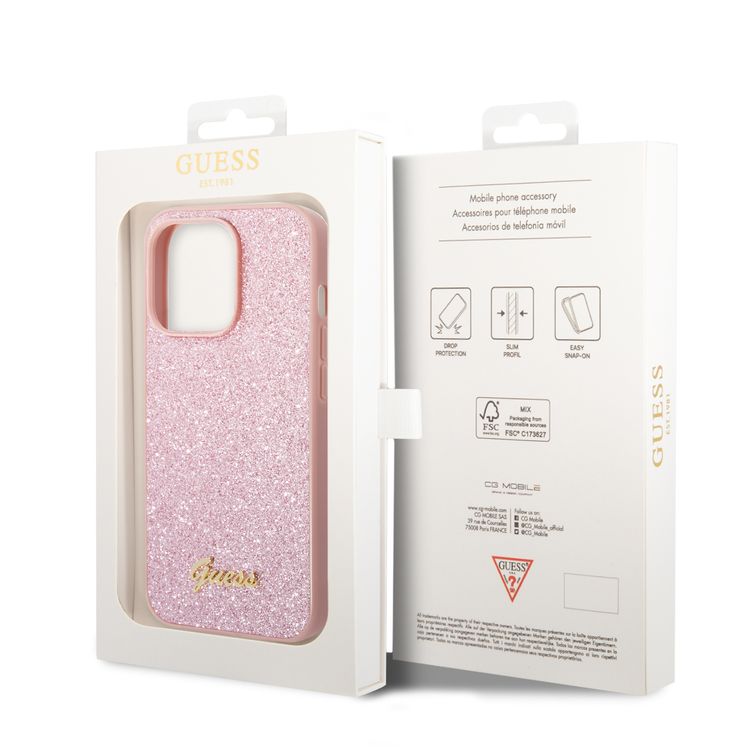 Guess PC/TPU Glitter Flakes Case with Script Metal Logo iPhone 14 Pro Compatibility - Pink