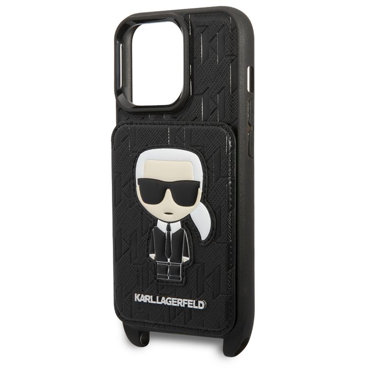 Karl Lagerfeld HC Monogram Case with Card Holder & Ikonik Patch Logo, Compatible with iPhone 13 Pro Max - Black