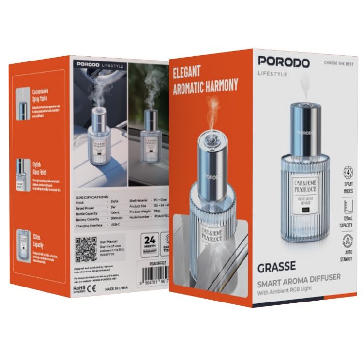 Porodo Grasse Smart Aroma Diffuser with Ambient RGB Light, 120mL Bottle Capacity, 200mAh Battery Capacity, Type-C Charging Port, 4 Spray Modes - Sky Blue