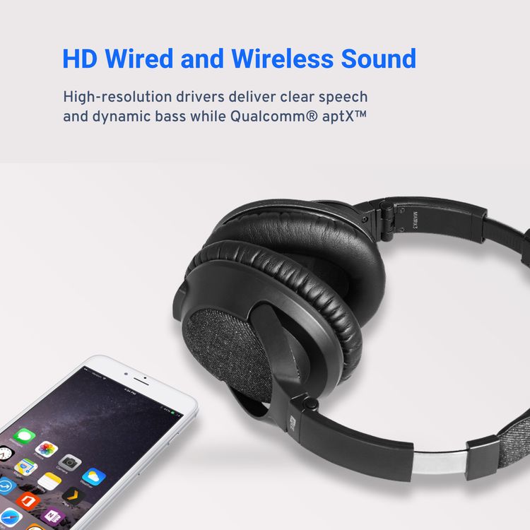سماعات MEE Audio Matrix3 اللاسلكية مع ميكروفون مدمج متعدد الاتجاهات، حافظة حماية فاخرة، زر تحكم متعدد الوظائف، تقنية aptX لتقليل التأخير، عمر بطارية يصل إلى 28 ساعة، وقت شحن ساعتين، منفذ شحن Micro-USB - أسود
