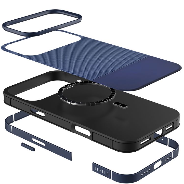 Levelo Cuir Leather Hybrid Case with Comfortable Grip for iPhone 17 Pro, Strong Magnets & MagSafe Compatible, Shock-Resistant Bumper, Aluminum Alloy Frame for Camera & Buttons, Drop-Tested - Midnight Blue