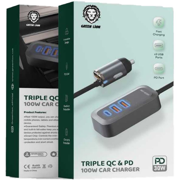 Green Lion Triple QC & PD Car Charger with 100W Total Output, USB-C & ×3 USB-A Ports, Fast Charging, Premium Materials, Charging Protection, Overheat Protection - Black