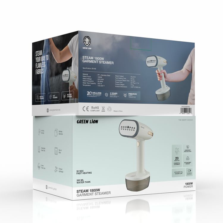 Green Lion Garment Steamer with 1800W Rated Power, 350mL Water Tank Capacity, 32g/min Steam Output, 65.56-110°C Temperature Range, Vertical, Flat, Inclined Steaming, 35 Seconds Fast Heating Time, 20 Minutes Continuous Steam Time, Gentle Fabric Care, Automatic Shut Down, Detachable Water Tank - Beige