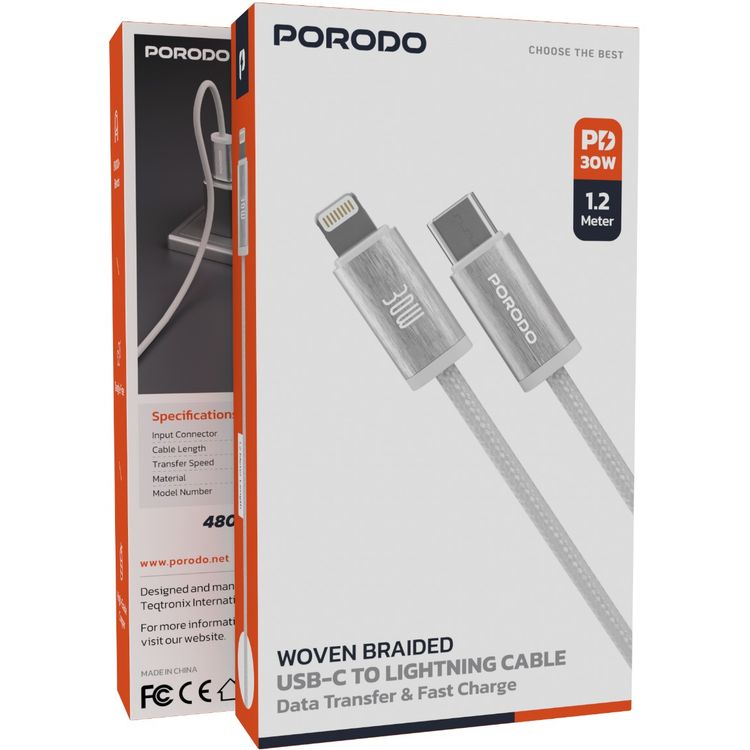 Porodo Woven Braided USB-C to Lightning Cable with 1.2m Cable Length, Fast Charge &amp; Data Transmission, Tangle Free Design, High-Grade Components - White