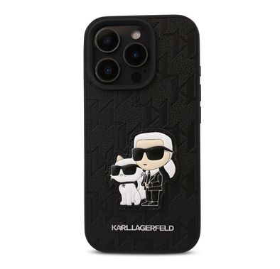 Karl Lagerfeld PU Hard Case for iPhone 16 Pro Max with Monogram Karl & Choupette Patch, Slim Profile, Drop Protection, Lightweight, Comfortable Grip, Easy Snap-on - Black