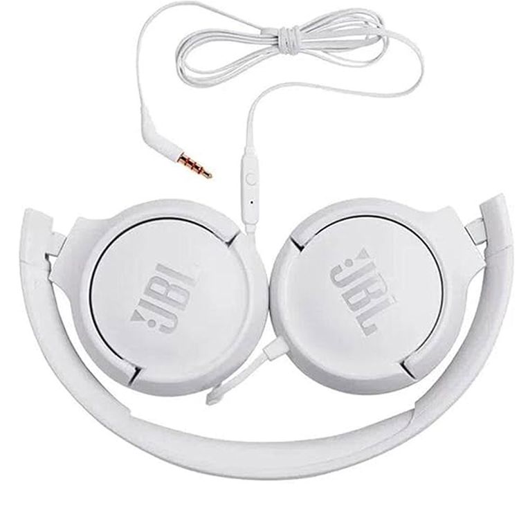 JBL TUNE 500 Wired On-Ear Headphones with Built-in Microphone, Pure Bass Sound, Lightweight and Foldable Design, 1-Button Remote/Mic - White