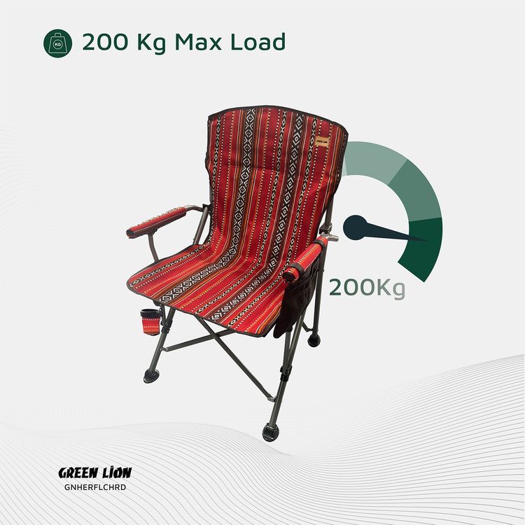 Green Lion Heritage Foldable Chair with Cup Holder, 600D Oxford Fabric, 200 kg Max Load,  High-Quality Pipe - Ethnic Red