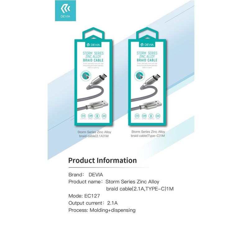 Devia Storm Series Zinc Alloy Braided Type-C Cable 1M 2.1A - Silver