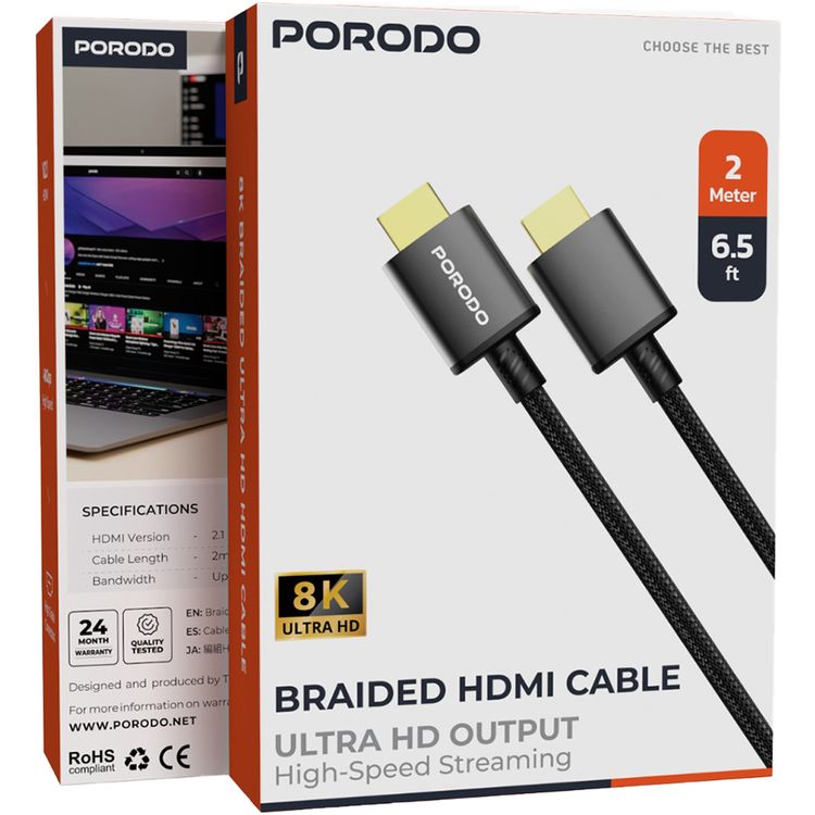 Porodo Braided HDMI Ultra HD Cable, High-Grade Connectors, High-Speed Streaming,1.8m Cable Length, HDMI Version 2.1 - Black