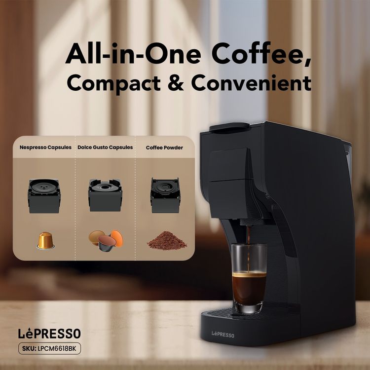 LePresso Trezza Multi-Capsule Coffee Machine with 1350W Rated Power, 1L Water Tank Capacity, 20 Bar Pump Pressure, 220-240V Rated Voltage, Automatic Shutdown - Black