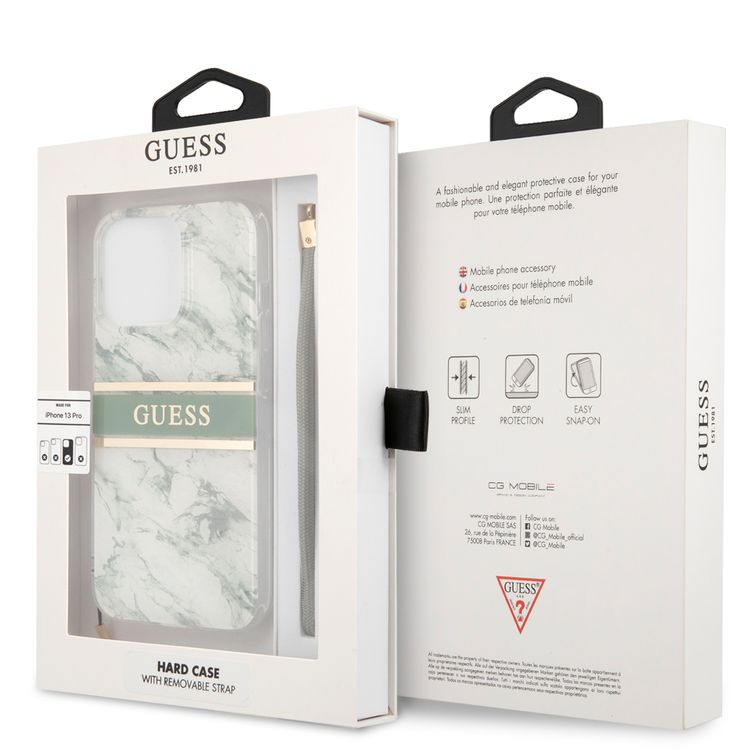 CG MOBILE Guess PC/TPU Case Marble Design & Stripe with Anti-Lost Nylon Strap for iPhone 13 Pro (6.1") Back Cover Suitable with Wireless Charging Officially Licensed Green