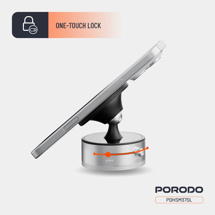Porodo Multi-Surface MagSafe Phone Holder with Grip-Lock Toggle, ABS & PC & Aluminum Alloy Material, N52 Magnet Type , 1.5kg Adsorption Capacity, Adjustable Viewing Angle - Silver