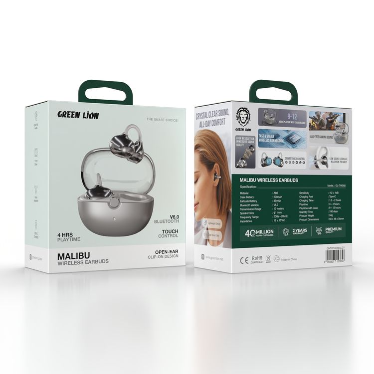 Green Lion Malibu Wireless Earbuds with Voice Assistant, Lightweight Design, Clear Voice Calls, Open-Ear Audio, Bluetooth Version 6.0, 180 Days standby Time, Up to 12 Hours Playtime, Type-C Charging Port, Smart Touch Control - Gray