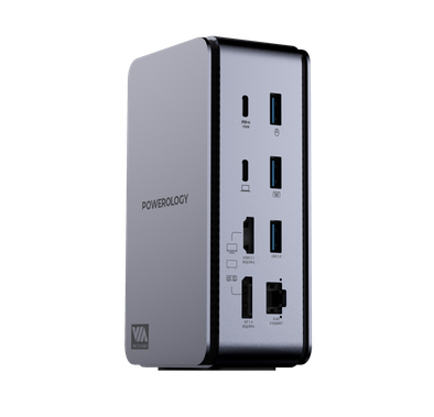 Powerology 15 in 1 Dual Dock Station, 40Gbps Data Speed, 100 Mbps Network Speed, PD 100W, 3.5mm Audio Jack - Gray 
