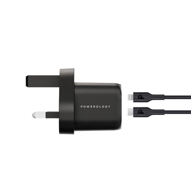 Powerology 33W GaN PD Charger with 1.2m USB-C to USB-C Cable, UK 3-Pin Plug, Built-in Safeguards, 0%-60% Charge in 30 Minutes, USB-C Fast Charging - Black