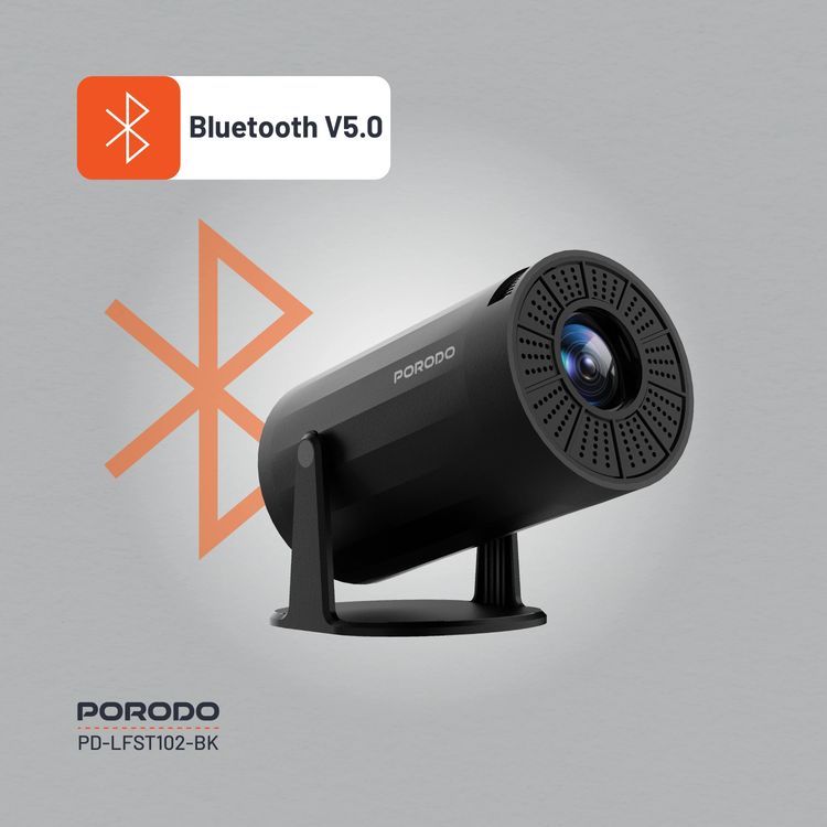 بروجكتور بورودو اللاسلكي متعدد الزوايا مع تقنية ضبط المفاتيح التلقائي، شاشة LCD بحجم 2.69 بوصة، نظام تشغيل أندرويد 11.0، مصباح LED بقوة 50 واط، جهاز تحكم عن بعد، إصدار بلوتوث 5.0 - أسود