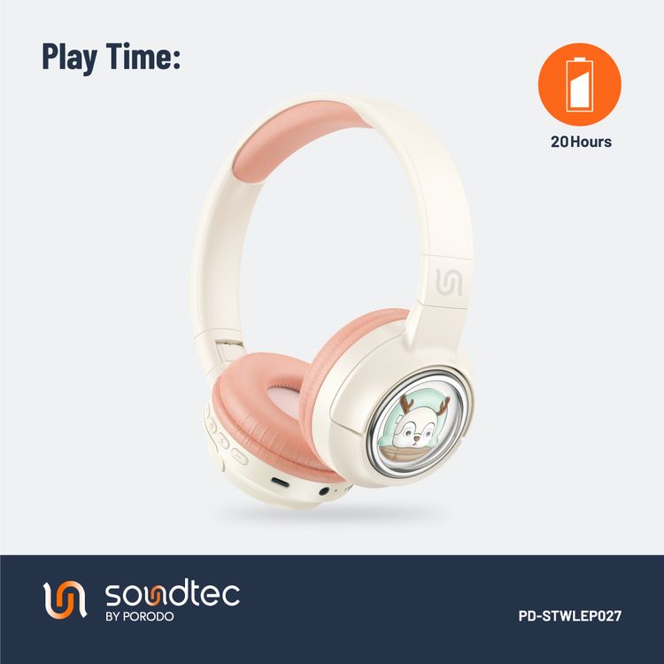 Porodo Soundtec Moose Wireless Kids Headphone, V5.3 Bluetooth, 2H Charging Time, 40mm Speaker Size, 20H Play Time, LED Lights, 400mAh - Pink 