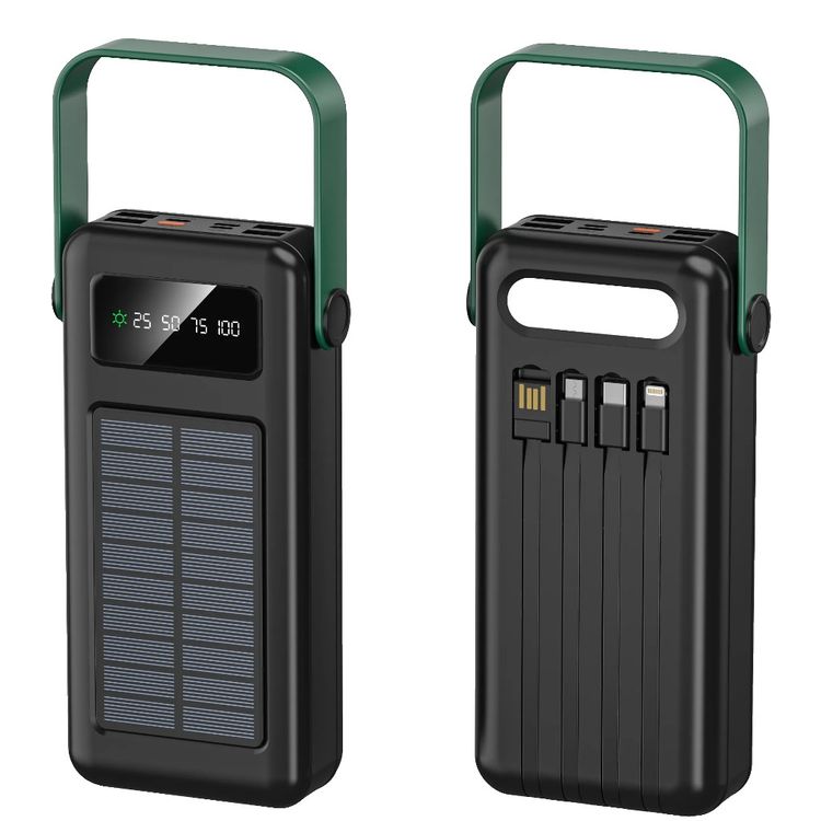 باور بانك Green Lion Solar Max بسعة 30000 مللي أمبير في الساعة مع شاشة رقمية ولوحة شحن تعمل بالطاقة الشمسية ومخرج Type-C/Micro/Lightening/USB-A وخفيف الوزن وقابل للحمل و4 كابلات مدمجة - أسود