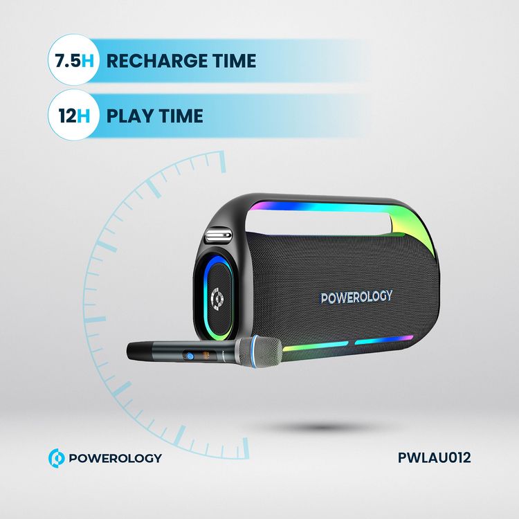 Powerology TWS Karaoke Speaker 150W with Mic and Remote, Bluetooth Version 5.0 + DSP, 18000mAh Battery Capacity, 12 Hours Working Time, 7.5 Hours Charging Time - Black