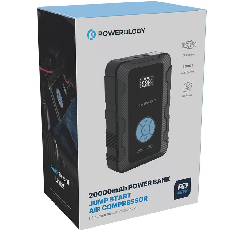 ضاغط هواء Powerology 20000mAh Power Bank Jump Start، أقصى وقت شحن 7.0±1.0 ساعة، PD 45 وات، ذروة التيار 3000 أمبير، محرك سعة 8 لتر - أسود 
