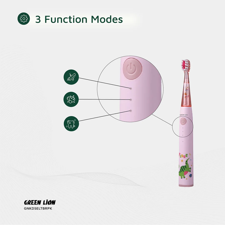 Green Lion Kids Electric Toothbrush with 3 Function Modes, 60 Days Working Time, Food-Grade Bristles, Waterproof, Shining Lights, 500mAh Battery Capacity - Pink 