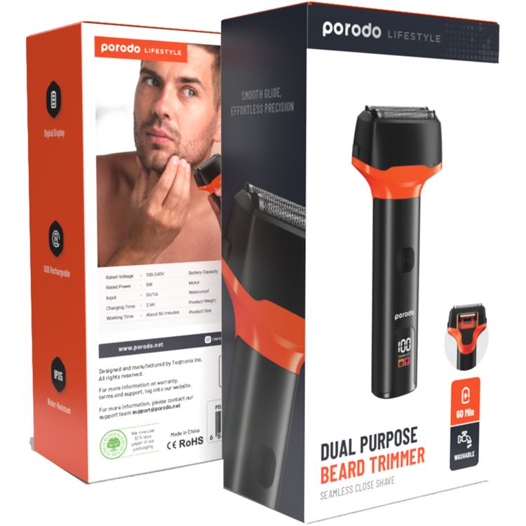Porodo LifeStyle Dual Purpose Beard Trimmer with Seamless Close Shave, USB-C Charging Interface, 1.5 Hours Charging Time, Up to 60 Minutes Working Time, 400mL Bottle Capacity, IPX5 Water Resistance Level, 1100mAh Battery Capacity, Washable, Digital Display - Black