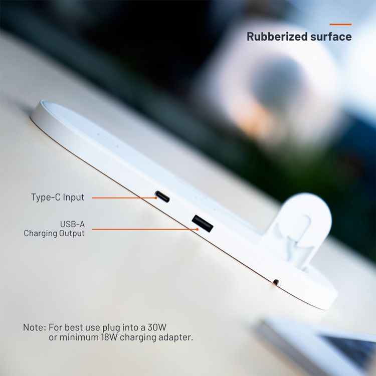 Porodo 4-in-1 Slim Charging Base with Built-in Foldable Watch Charger, Type-C Cable Included, Up to 10W Fast Wireless Charging, Overcharge & Overheat Protection -  White