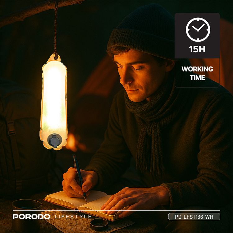 Porodo Inflatable Outdoor Magnetic Tube Light with Warm & White Light, Up to 15 Hours Working Time, Magnetic Attachment, Up to 150 Lumens Brightness, 2000mAh Battery Capacity, Type-C Charging Port, TPU Material - White