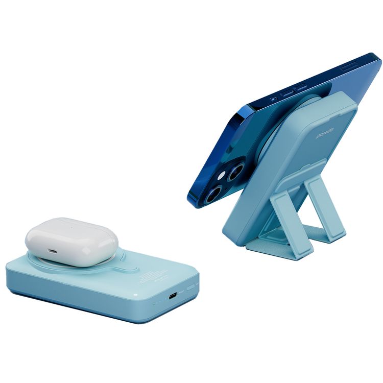 Porodo 10000mAh MagSafe Power Bank with Built-in Foldable Stand, 15W Maximum Wireless Output, 20W Power Delivery, Fast Charging Support, 18W Type-C Input - Blue