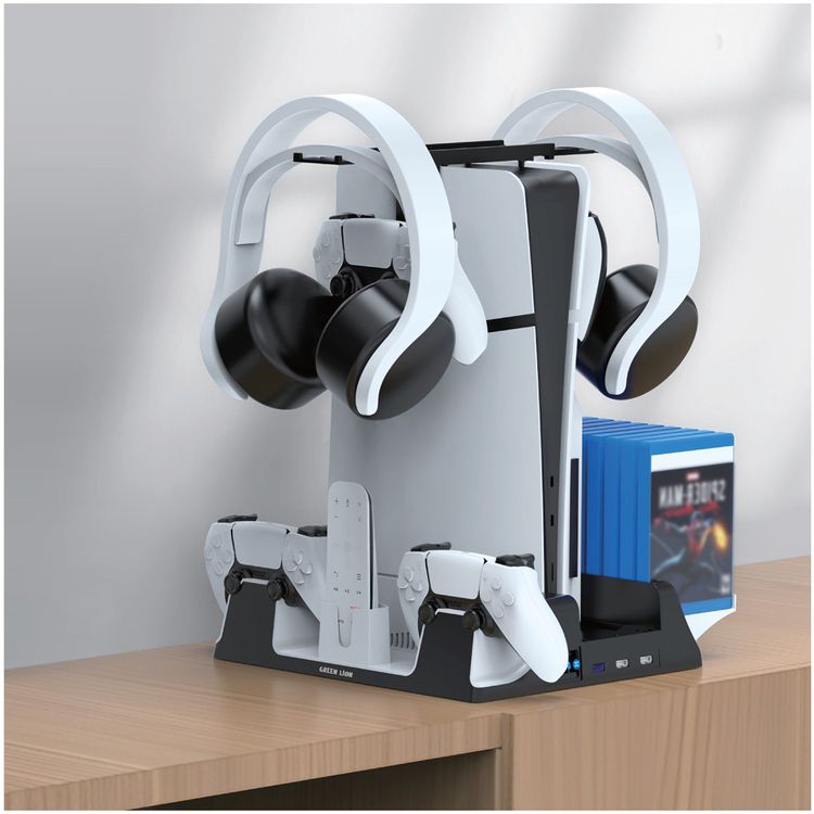 Green Lion PS5 Cooling Stand Charging Station with 14Disk Storage, Low Noise, Simultaneous Charging, Efficient Cooling, Turbo Fan - White