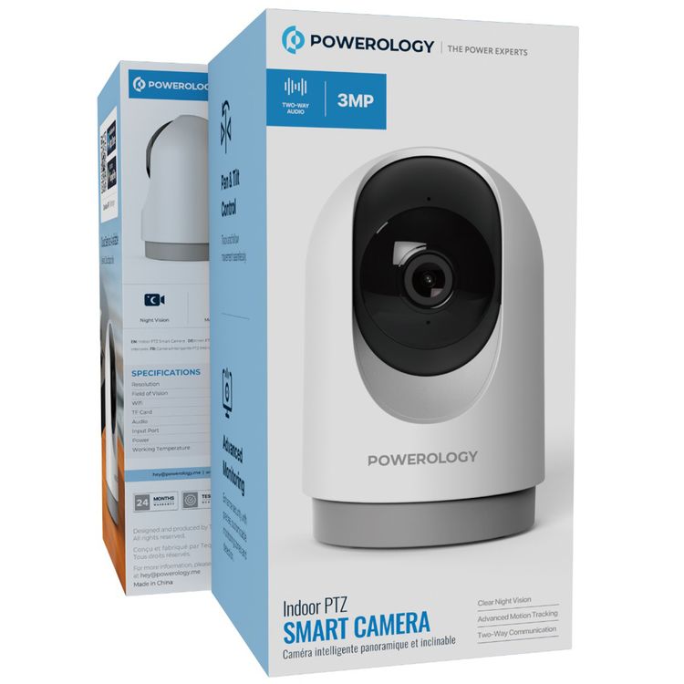 Powerology Indoor PTZ Smart Camera with Human Detection & Motion Sensor, 100° Field of Vision, 3MP Resolution, Pan & Tilt Control, Two-Way Audio - White