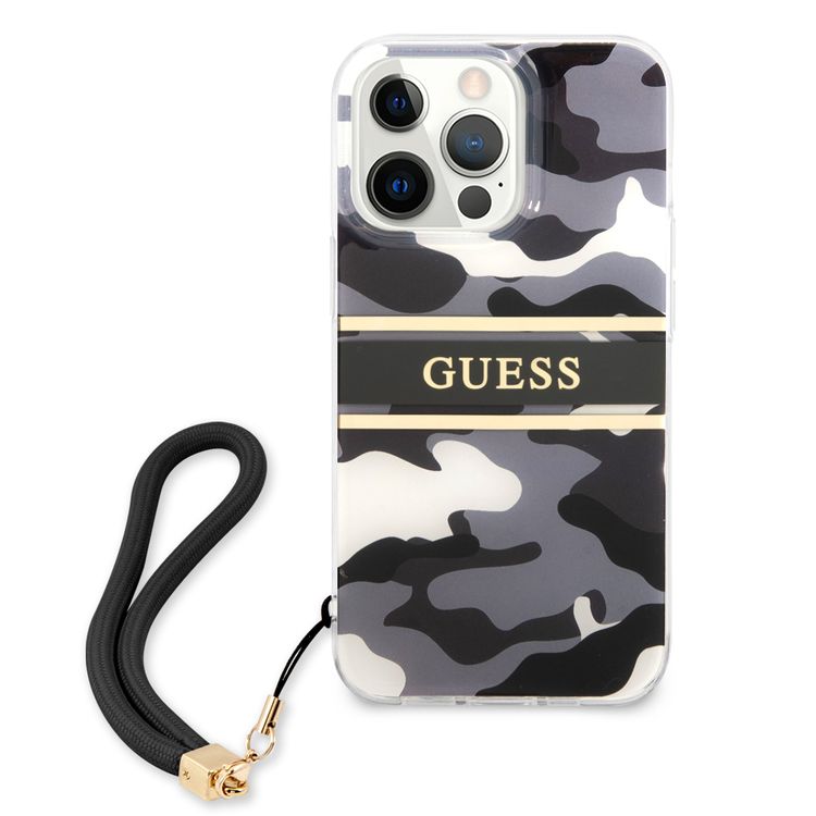 CG MOBILE Guess PC/TPU Case Camo Design & Stripe with Anti-Lost Nylon Strap for iPhone 13 Pro (6.1") Back Cover Suitable with Wireless Chargers Officially Licensed Black