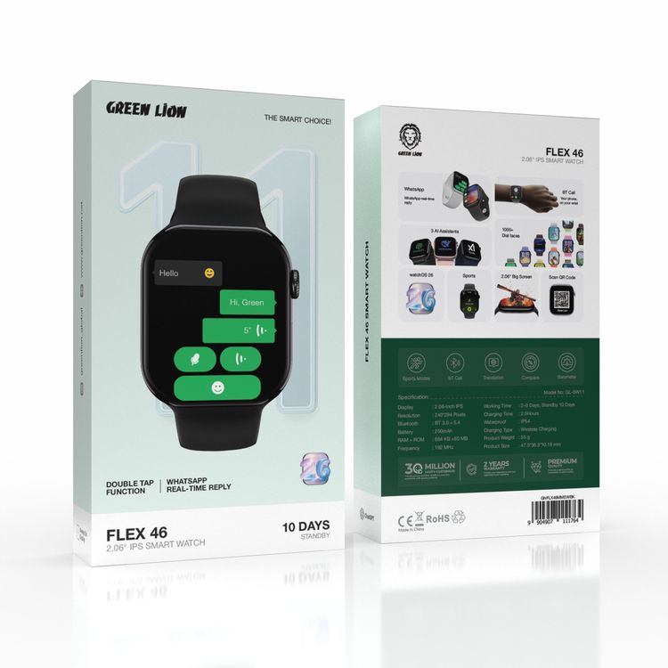 Green Lion Flex 46, 2.06'' IPS Smart Watch, Double Tap Function, WhatsApp Real-Time Reply, 10 Days Standby,  Always-On Display, 3 Ai Assistants, Sports Mode, BT Call, Translation, Compass, Barometer, 250mAh Battery, IP54 Waterproof Smart Watch - Black