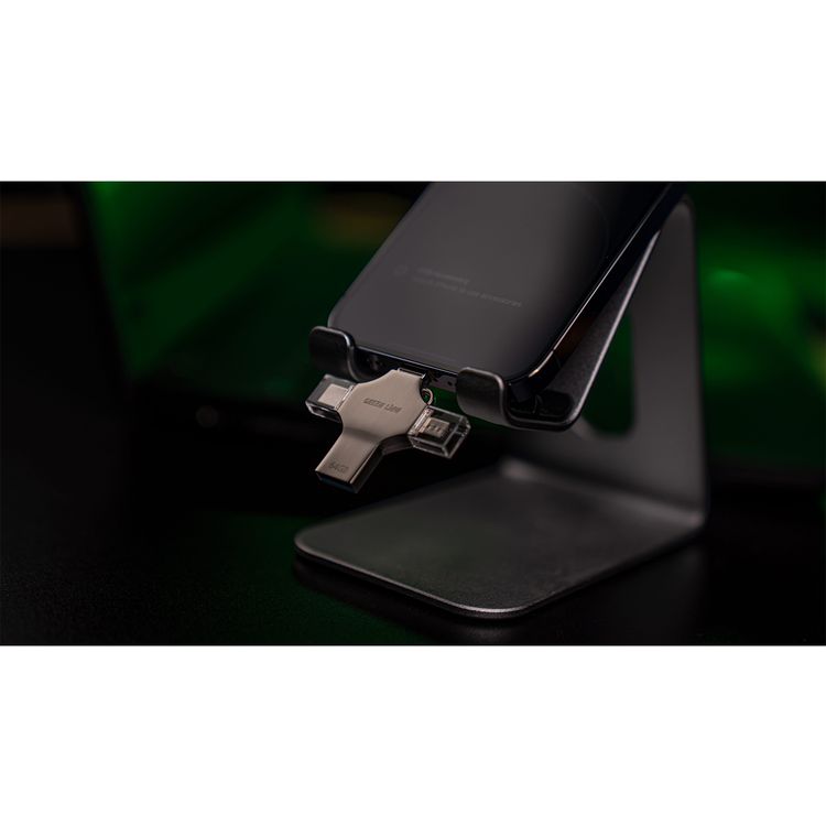 Green Lion 4-in-1 USB Flash Drive 64GB with High Speed Data Transfer, USB-A, USB-C, Micro USB & Lightning Connectors - Silver