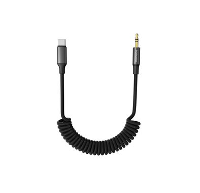 Porodo USB-C to Audio Jack Coiled AUX Cable with Universal Compatibility, 1.5m Cable Length, Coiled Design, Auto Retract, Coiled Braided + Metal Housing Material, Compatible with Smartphone/ MP3/ Speaker/ Car/Computer - Black