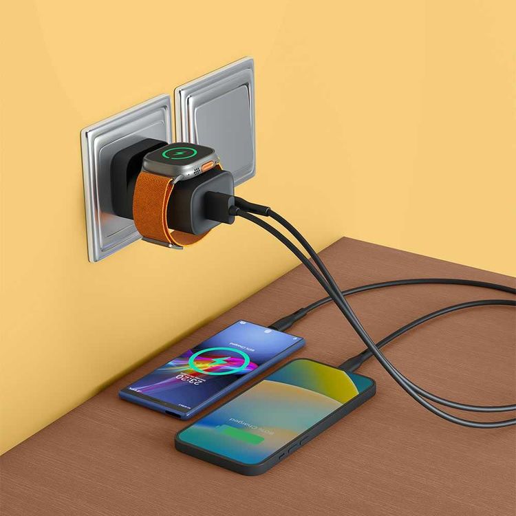 Porodo Dual Port Multi-Device Wall Charger with Integrated Watch Charger - Black