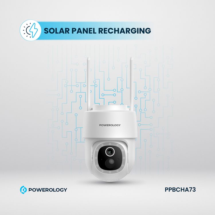 Powerology Built-in Solar Pan & Tilt Outdoor Camera, Lithium Battery, 5200mAh Rechargeable Battery, 1.5 W Solar Panel, 1269 × 2304P Camera Resolution, 10m Infrared Recording Distance - White