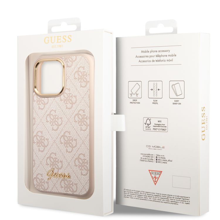 Guess PC/TPU 4G PU Case with Metal Camera Outline & Buttons iPhone 14 Pro Max Compatibility - Pink