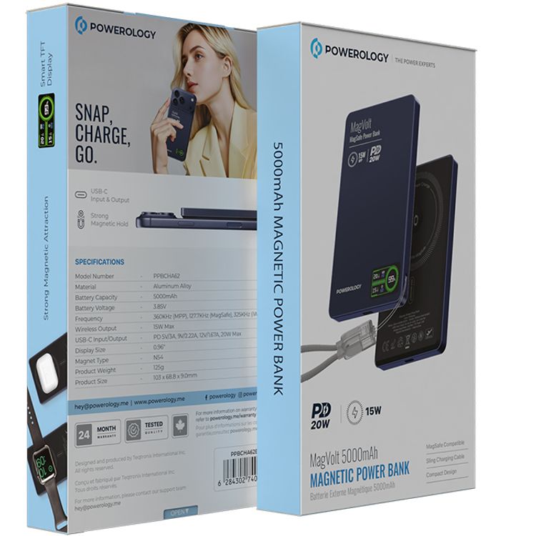 Powerology MagVolt 5000mAh Power Bank, 2.5W Watch Output, Up to 15W Phone Output, 20W Power Delivery, Ultra-Slim Design, Smart TFT Display, N54 MagSafe Compatible - Blue