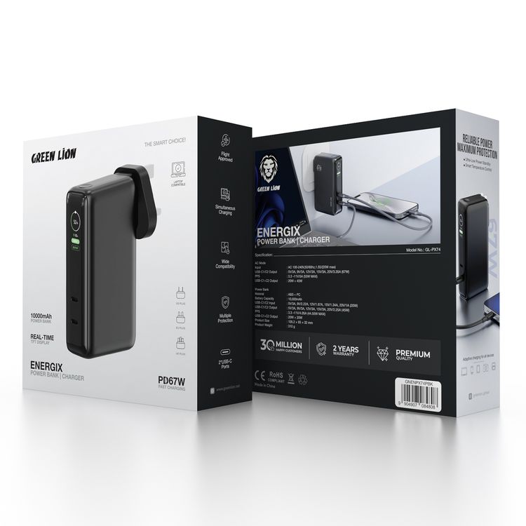 Green Lion ENERGIX 10000mAh Power Bank and PD 67W Charger with Flight Aprroved, Simultaneous Charging, Wide Compatibility, Multiple Protection, Dual USB-C Ports, Laptop Compatible, Adaptive Charging for All Devices, ABS + PC Material, Real-Time TFT Display, Reliable Power Maximum Protection - Blach