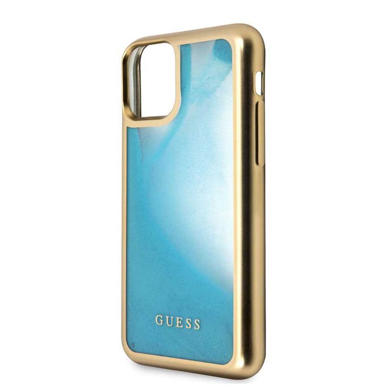CG MOBILE Guess Glow Dark TPU Case Compatible with iPhone 11 Pro Max, Fit & Lightweight, Supports Wireless Charger, Easy Access to All Ports, Officially Licensed - Matte Gold/Blue